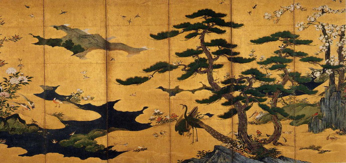 狩野光信 四季花鳥図屏風